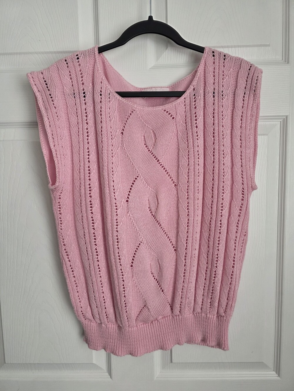 Vintage 80s Rose Pink Cable Knit Sleeveless Sweater Vest Made in USA Cottagecore